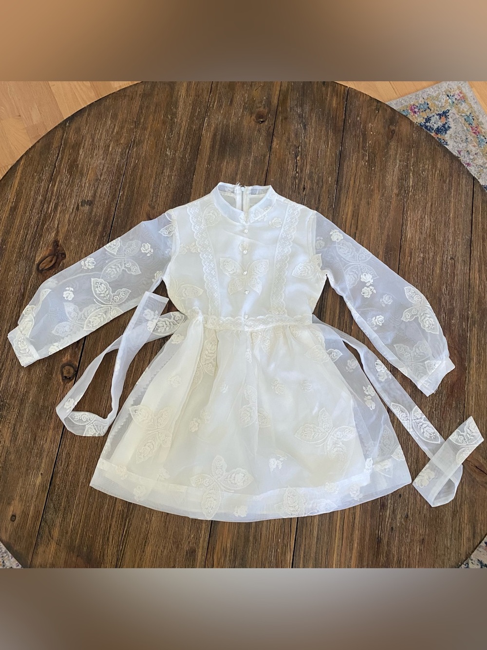 Styled by Irving Mack vintage 70s butterfly floral lace appliqué cream dress